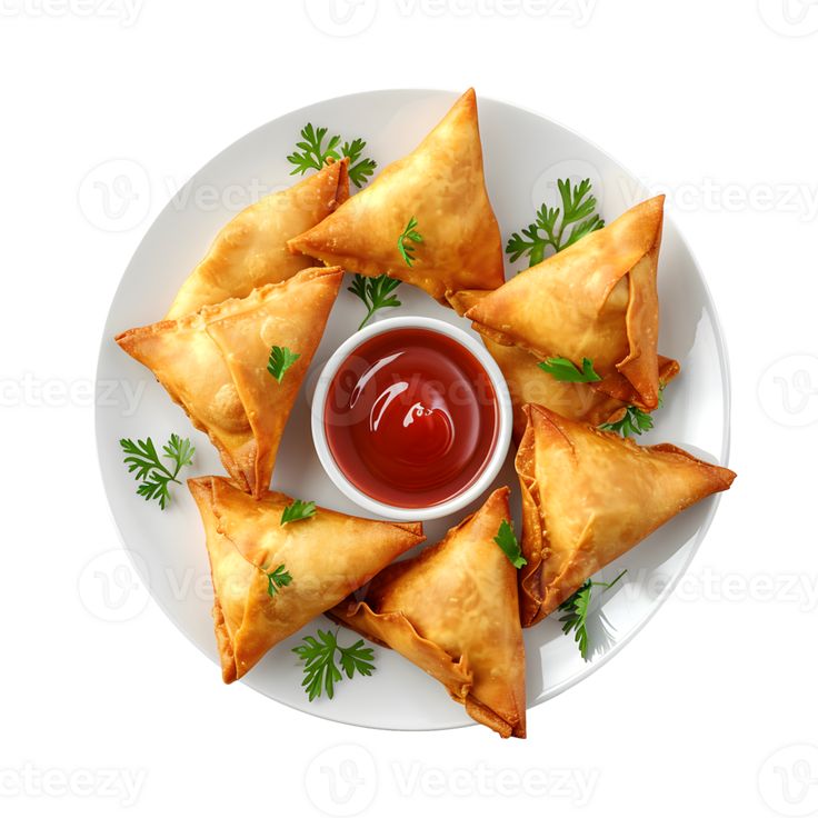 AI-generated-top-view-samosa-on-white-plate-with-sauce